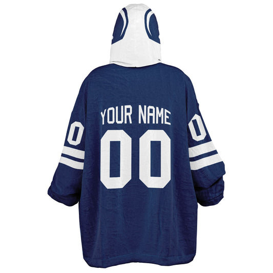 Blue and white classic snug hoodie featuring jersey-style stripes and personalized name and number.