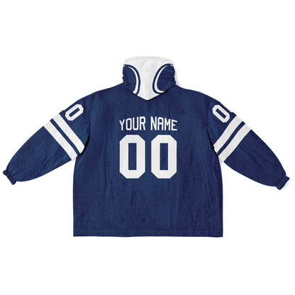 Blue and white classic snug hoodie featuring jersey-style stripes and personalized name and number.