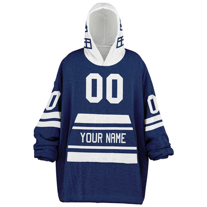 Blue and white classic snug hoodie featuring jersey-style stripes and personalized name and number.