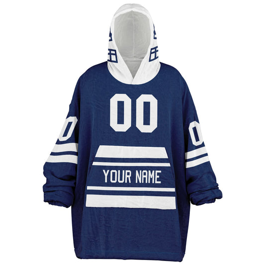 Blue and white classic snug hoodie featuring jersey-style stripes and personalized name and number.