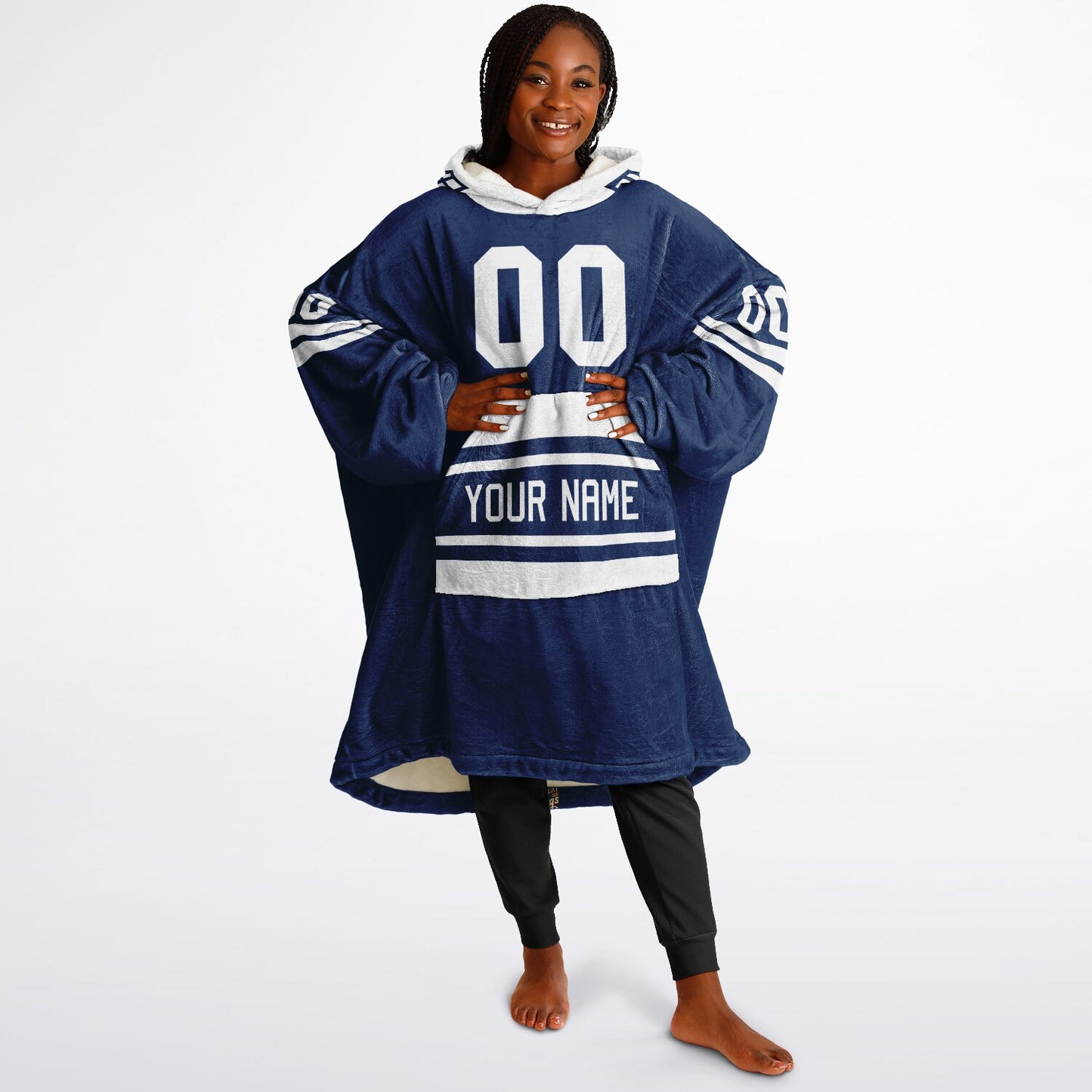 Blue and white classic snug hoodie featuring jersey-style stripes and personalized name and number.