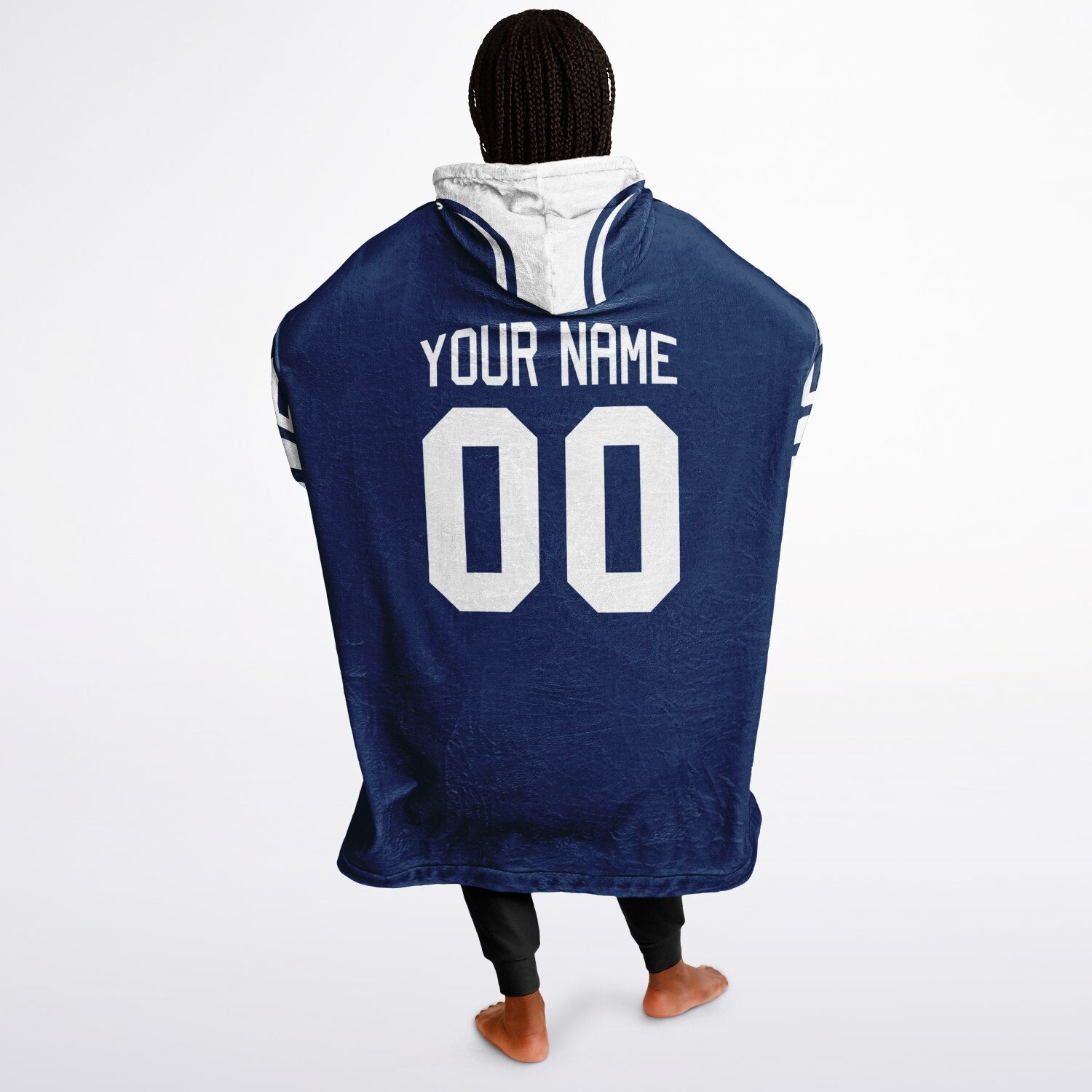 Blue and white classic snug hoodie featuring jersey-style stripes and personalized name and number.