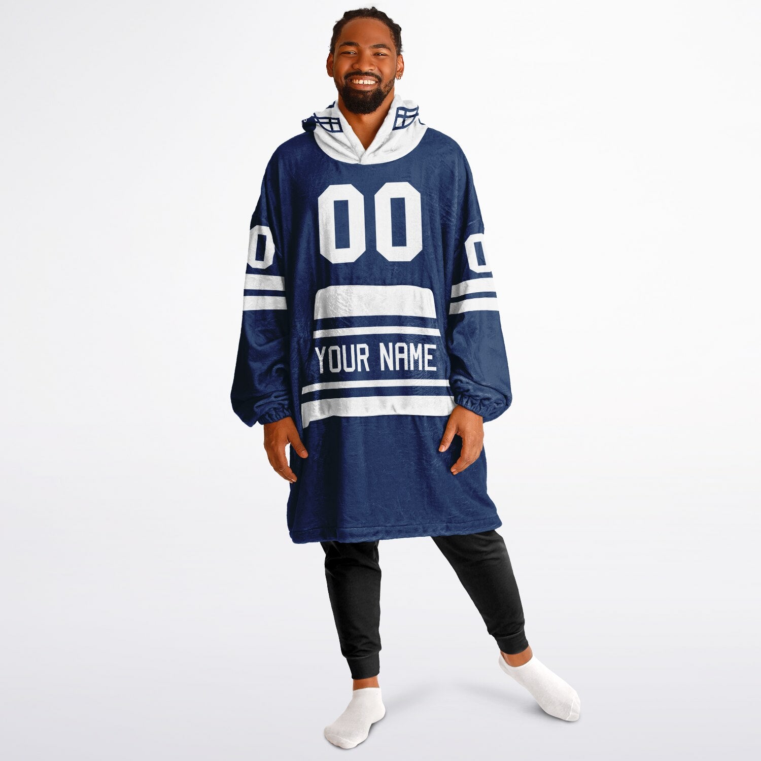 Blue and white classic snug hoodie featuring jersey-style stripes and personalized name and number.