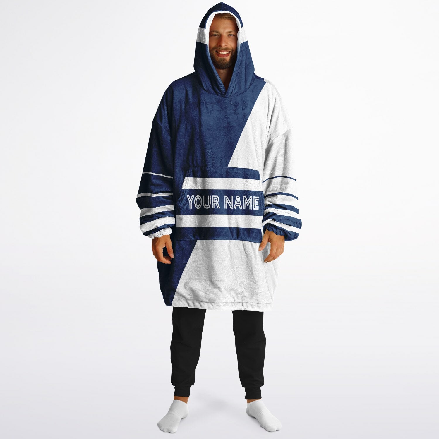 Blue and white reversible snug hoodie with soft interior lining and casual everyday style for football fans.