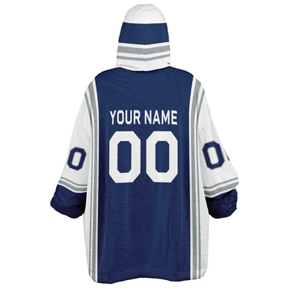 Blue, white, and gray bold snug hoodie with triple color blocking and a sporty aesthetic.