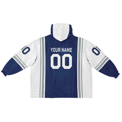 Blue, white, and gray bold snug hoodie with triple color blocking and a sporty aesthetic.