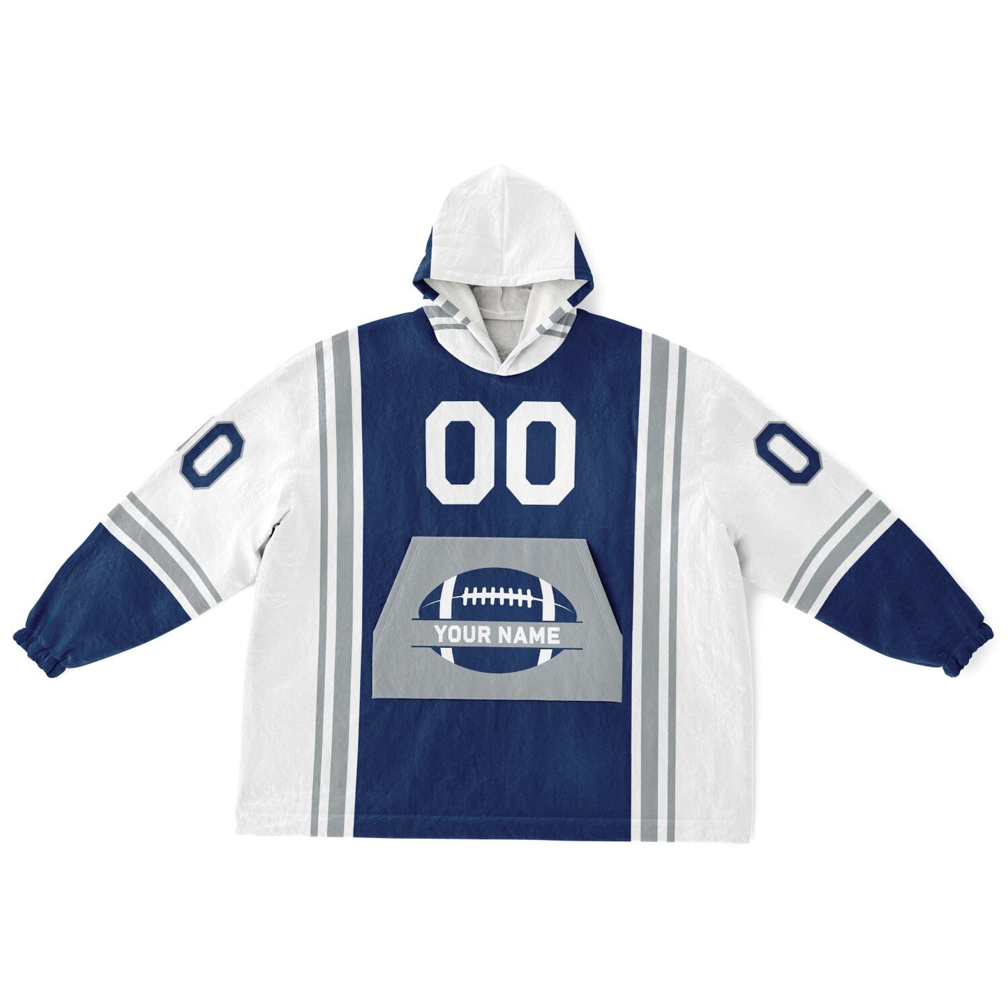 Blue, white, and gray bold snug hoodie with triple color blocking and a sporty aesthetic.