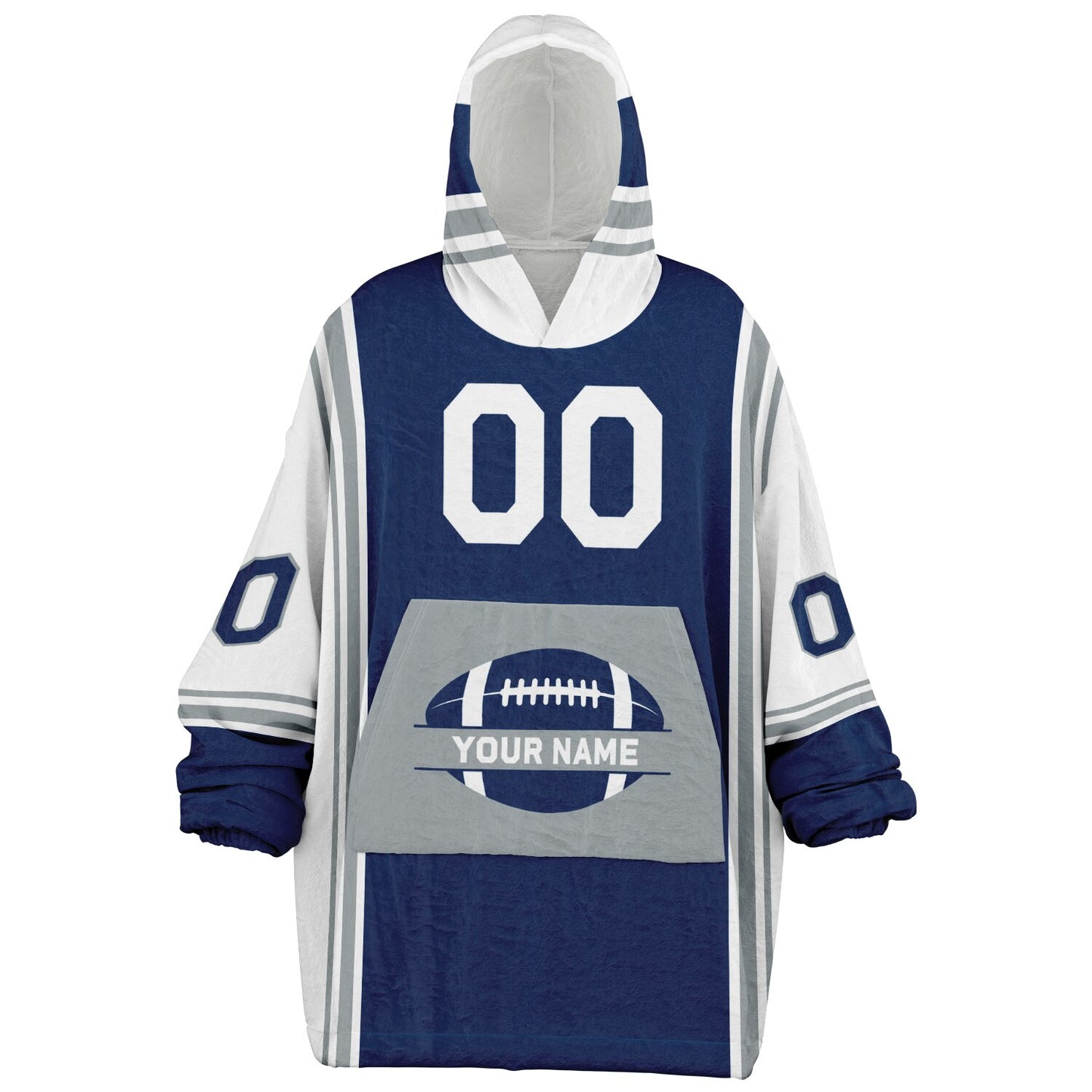 Blue, white, and gray bold snug hoodie with triple color blocking and a sporty aesthetic.