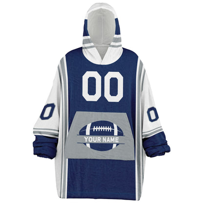 Blue, white, and gray bold snug hoodie with triple color blocking and a sporty aesthetic.