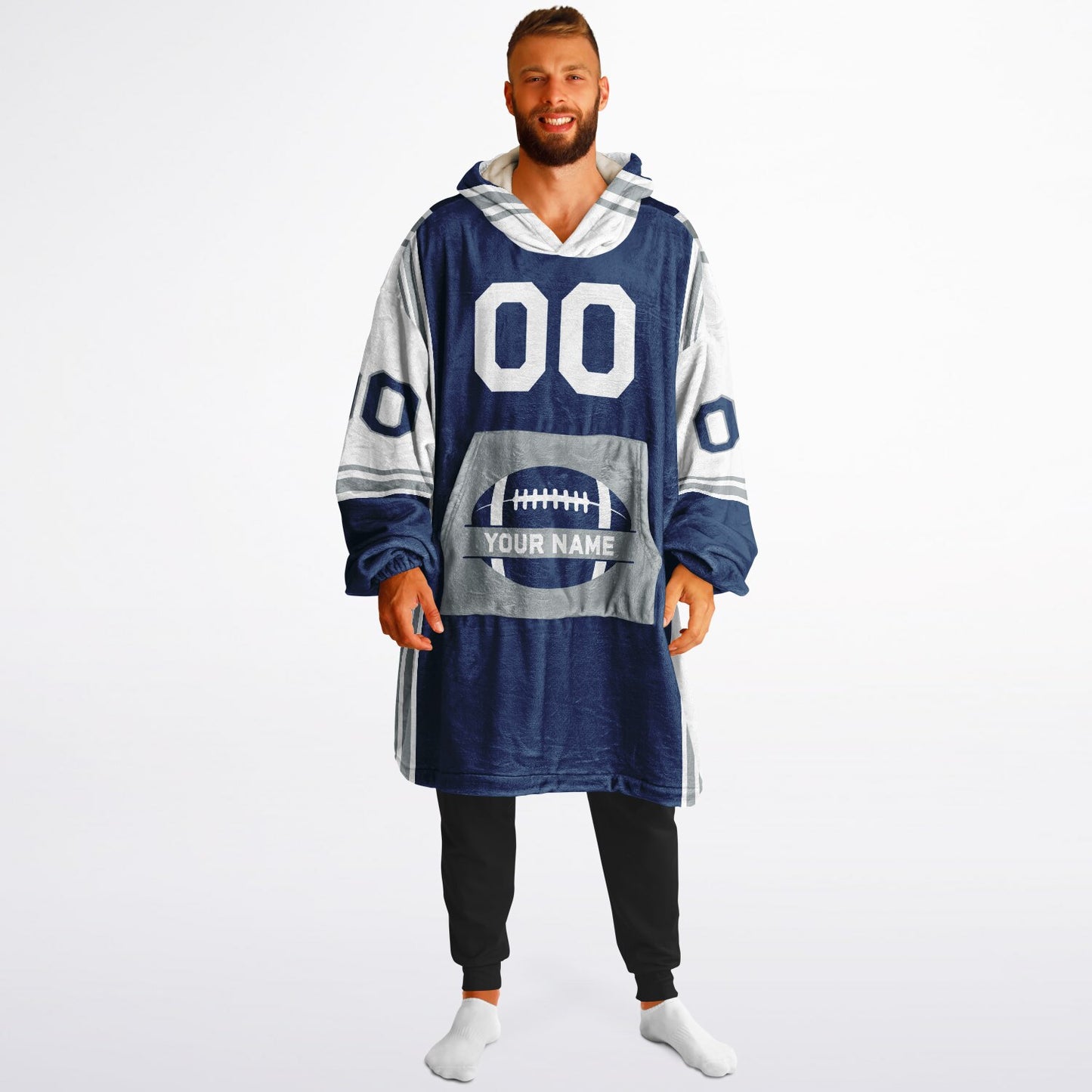 Blue, white, and gray bold snug hoodie with triple color blocking and a sporty aesthetic.