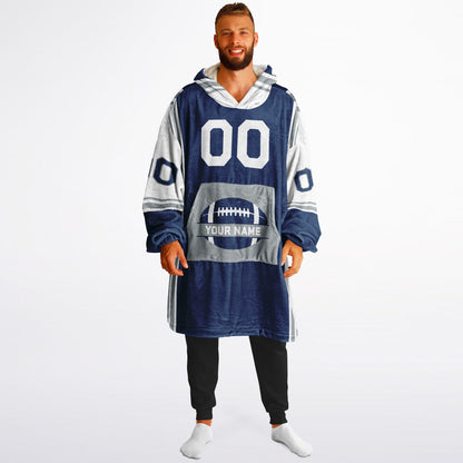 Blue, white, and gray bold snug hoodie with triple color blocking and a sporty aesthetic.