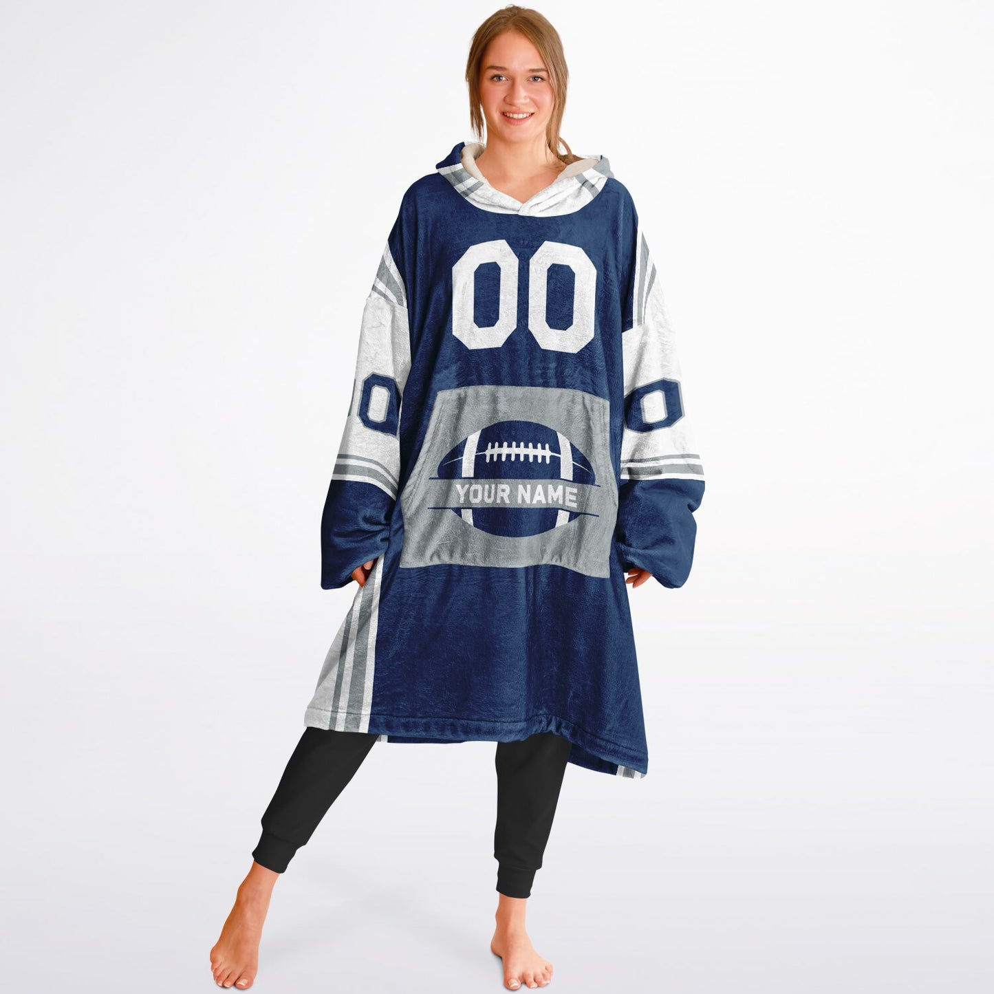 Blue, white, and gray bold snug hoodie with triple color blocking and a sporty aesthetic.