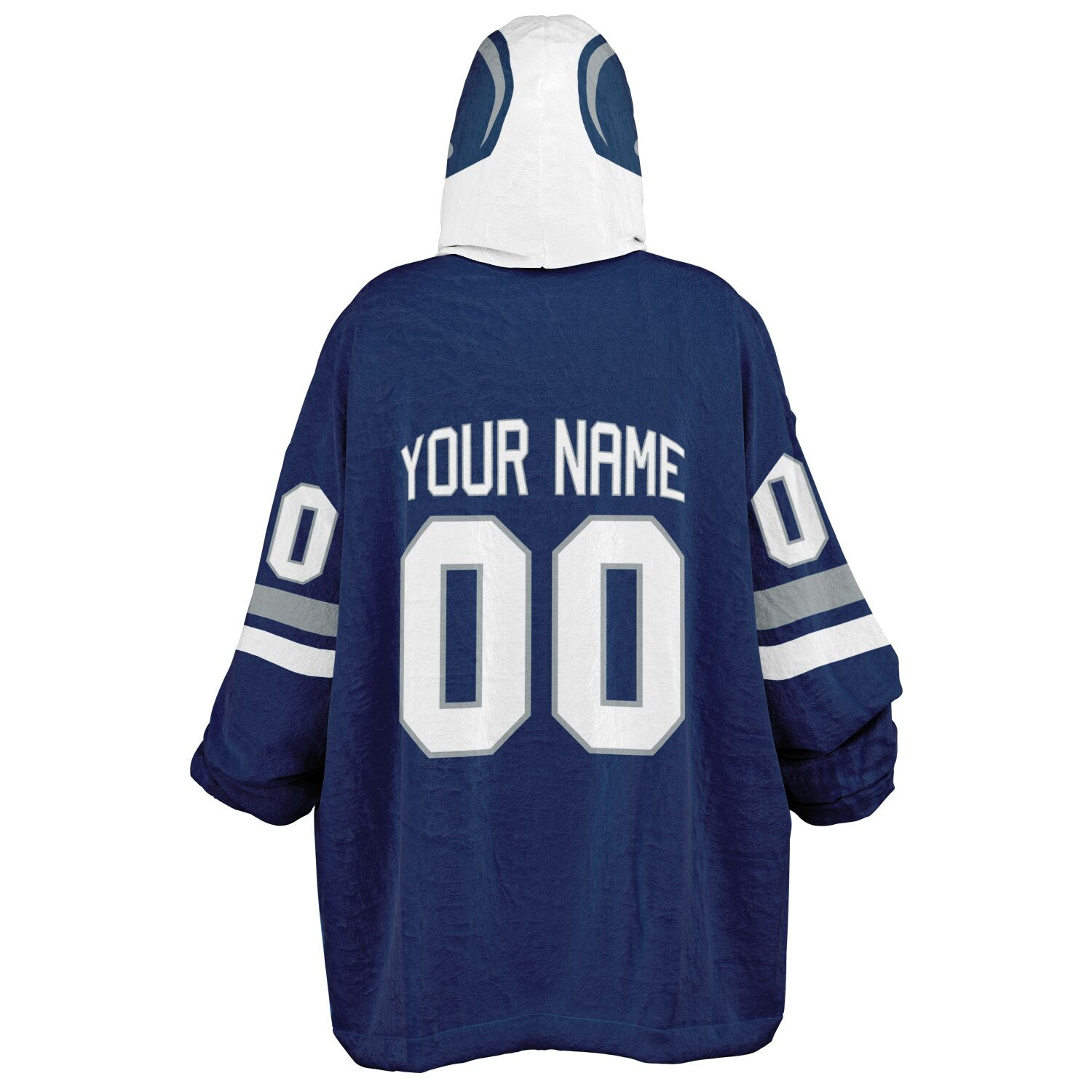 Blue, white, and gray classic snug hoodie featuring authentic jersey striping and personalized number details.