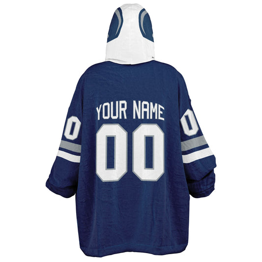 Blue, white, and gray classic snug hoodie featuring authentic jersey striping and personalized number details.