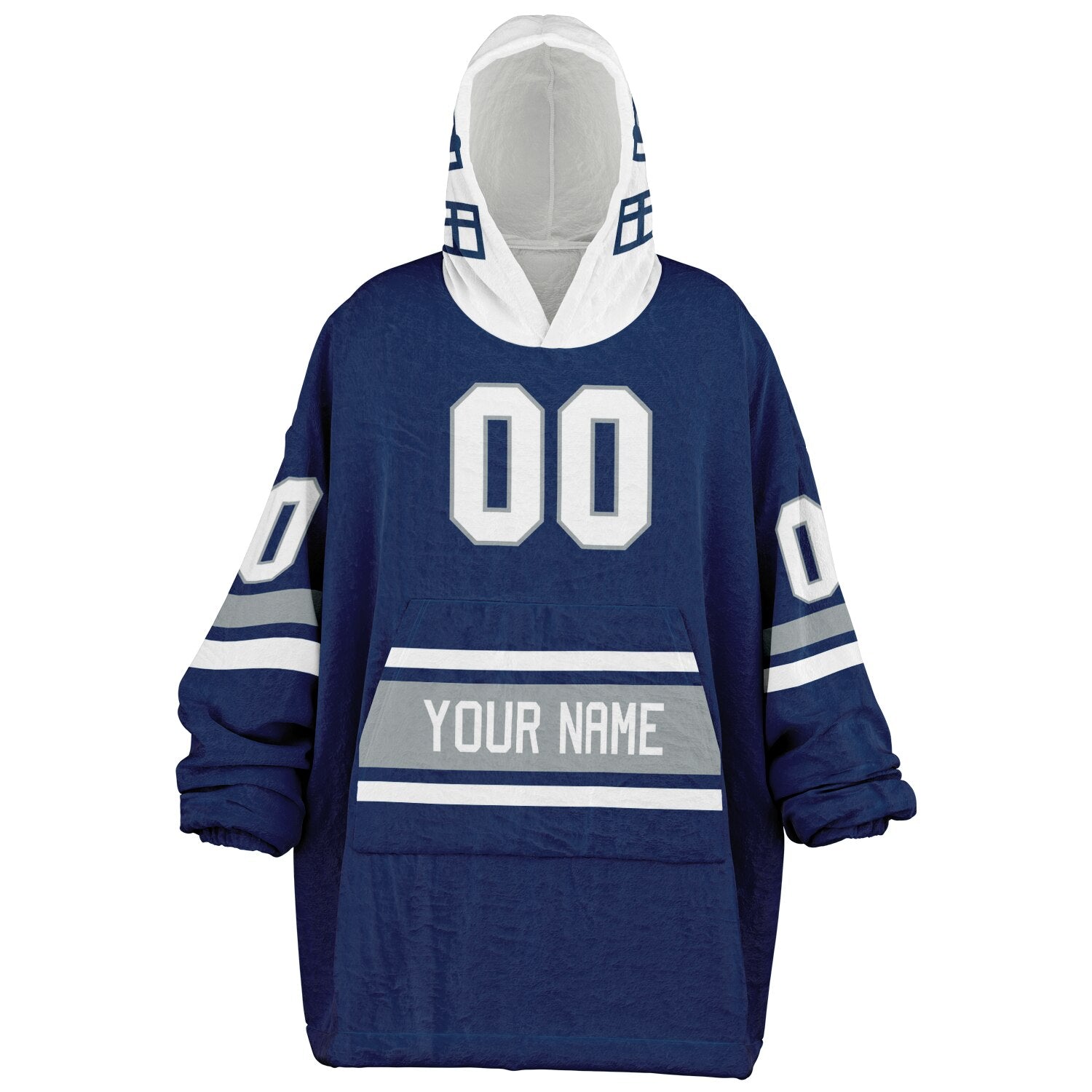 Blue, white, and gray classic snug hoodie featuring authentic jersey striping and personalized number details.