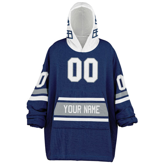 Blue, white, and gray classic snug hoodie featuring authentic jersey striping and personalized number details.