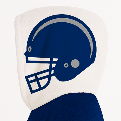 Blue, white, and gray classic snug hoodie featuring authentic jersey striping and personalized number details.