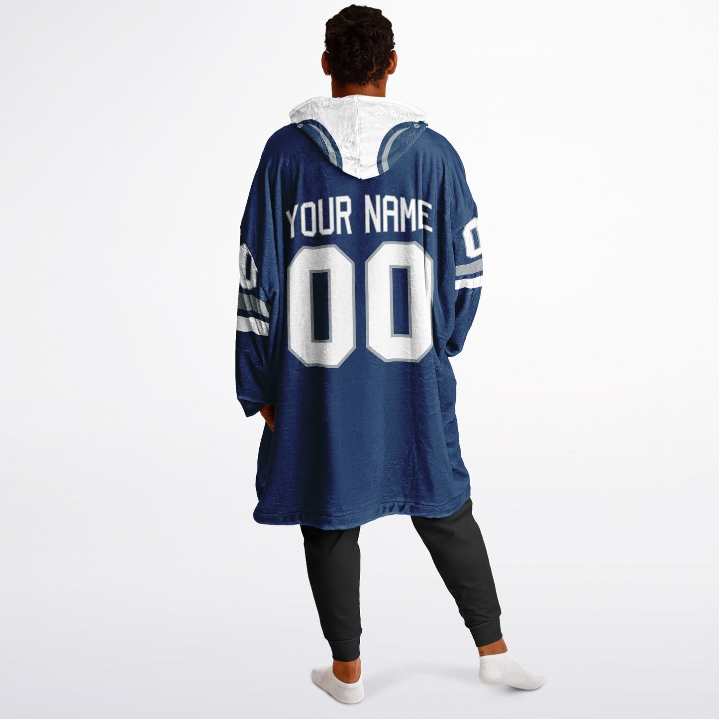 Blue, white, and gray classic snug hoodie featuring authentic jersey striping and personalized number details.