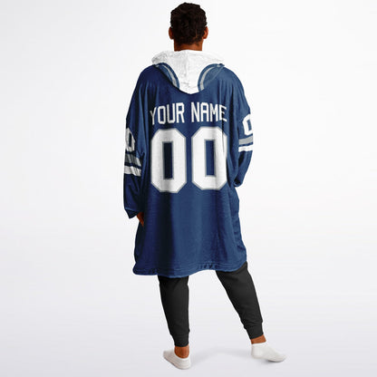 Blue, white, and gray classic snug hoodie featuring authentic jersey striping and personalized number details.
