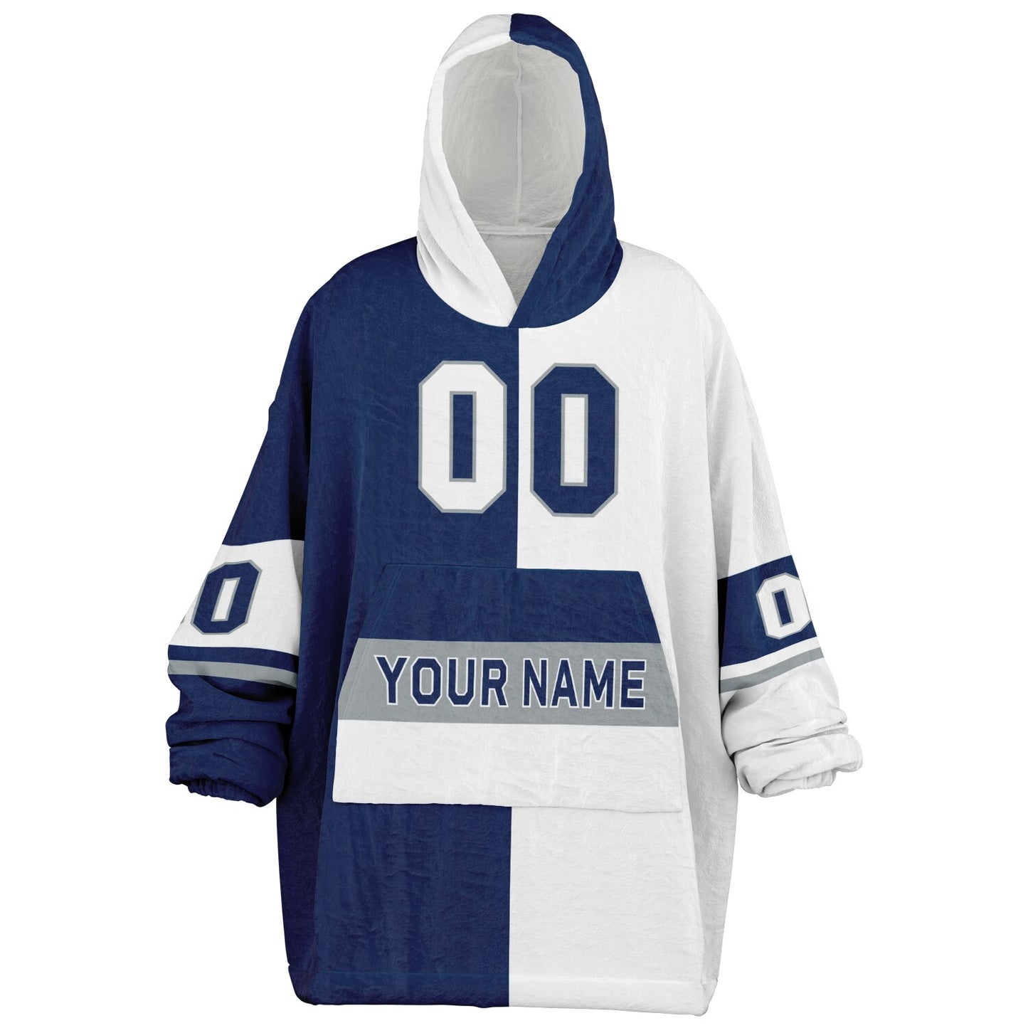 Blue, white, and gray halftime snug hoodie with three-tone split design and cozy fleece texture.