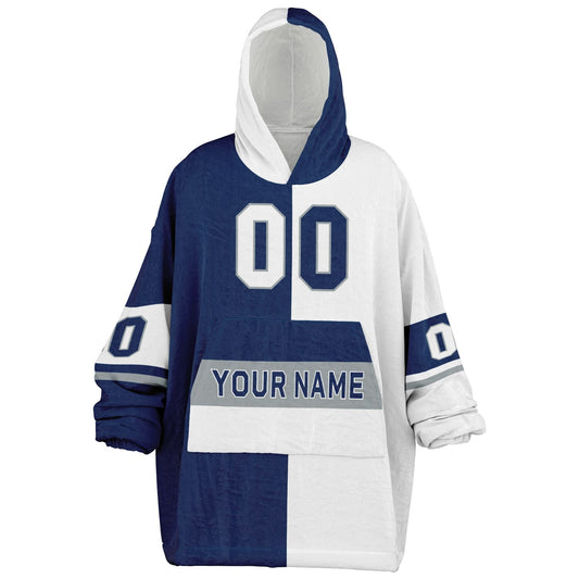 Blue, white, and gray halftime snug hoodie with three-tone split design and cozy fleece texture.