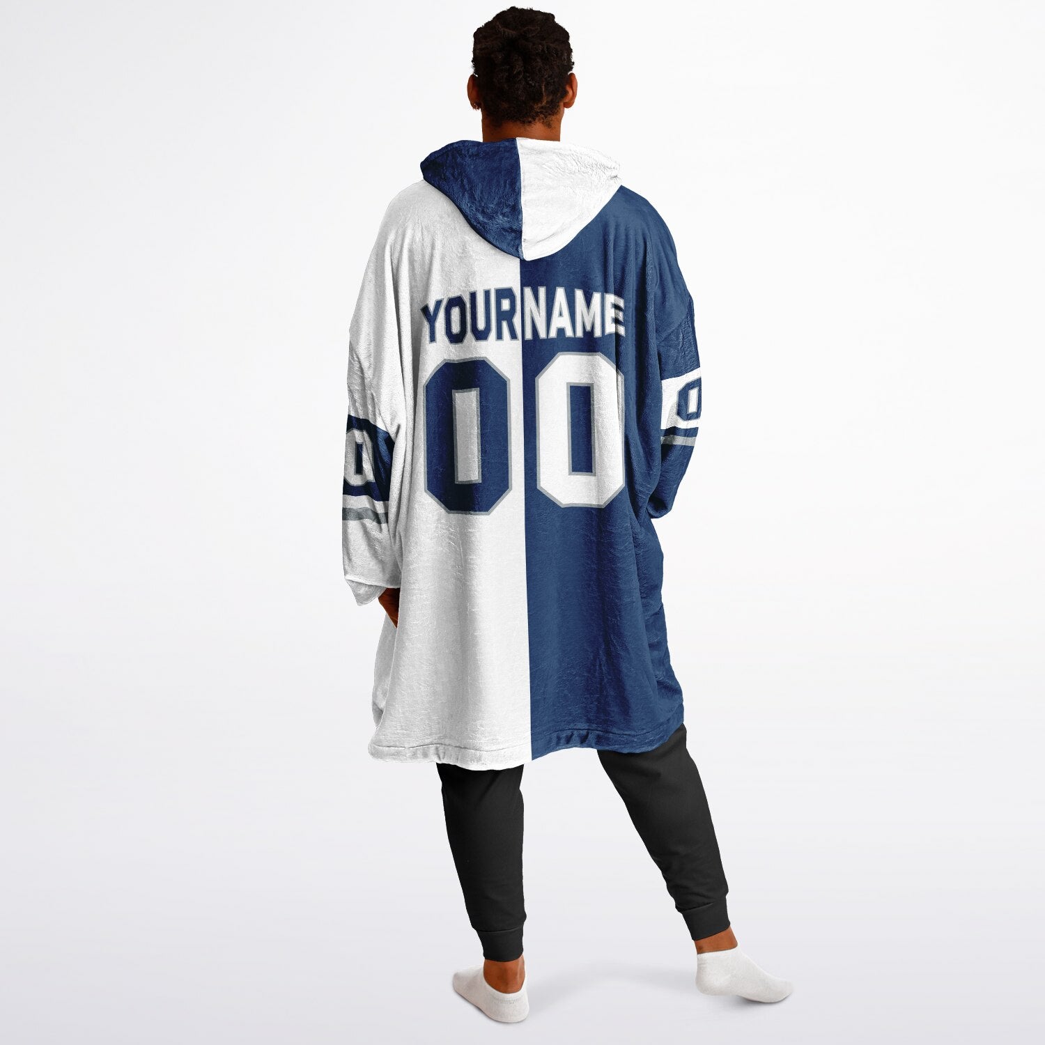 Blue, white, and gray halftime snug hoodie with three-tone split design and cozy fleece texture.