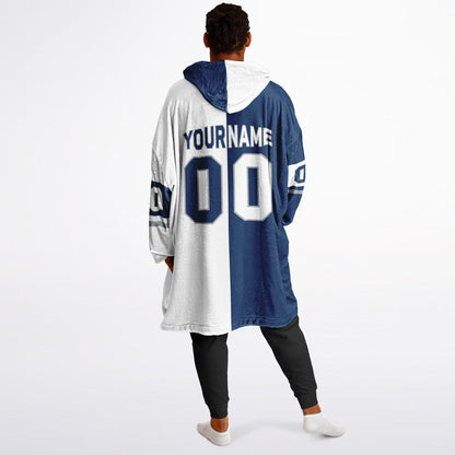 Blue, white, and gray halftime snug hoodie with three-tone split design and cozy fleece texture.