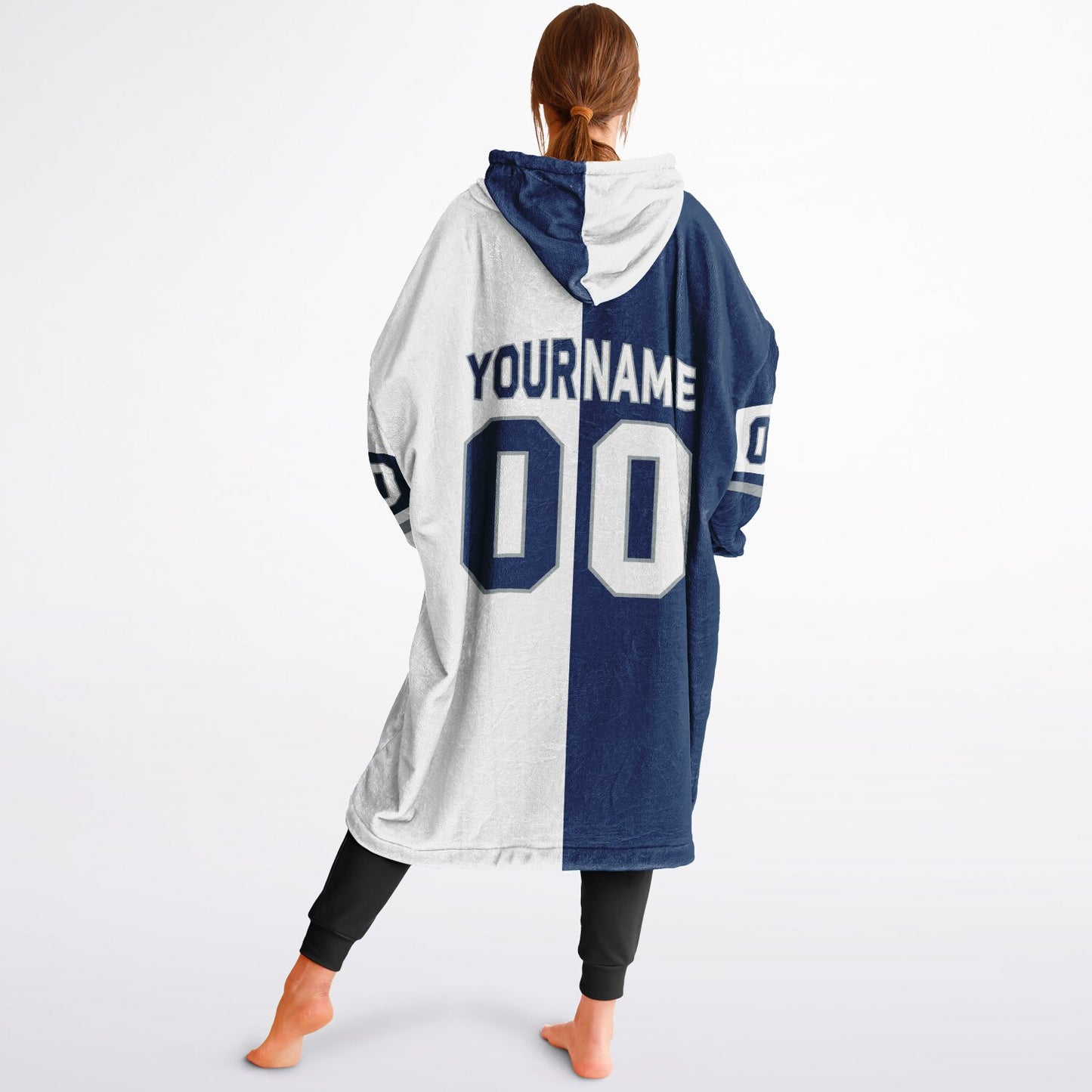 Blue, white, and gray halftime snug hoodie with three-tone split design and cozy fleece texture.