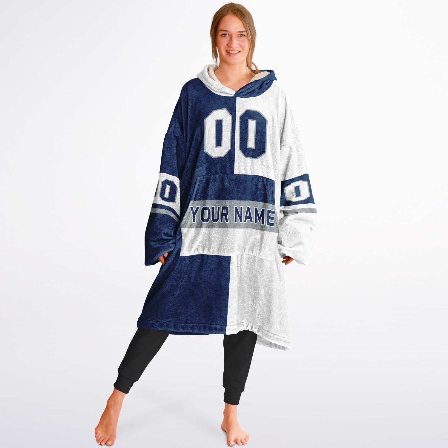Blue, white, and gray halftime snug hoodie with three-tone split design and cozy fleece texture.