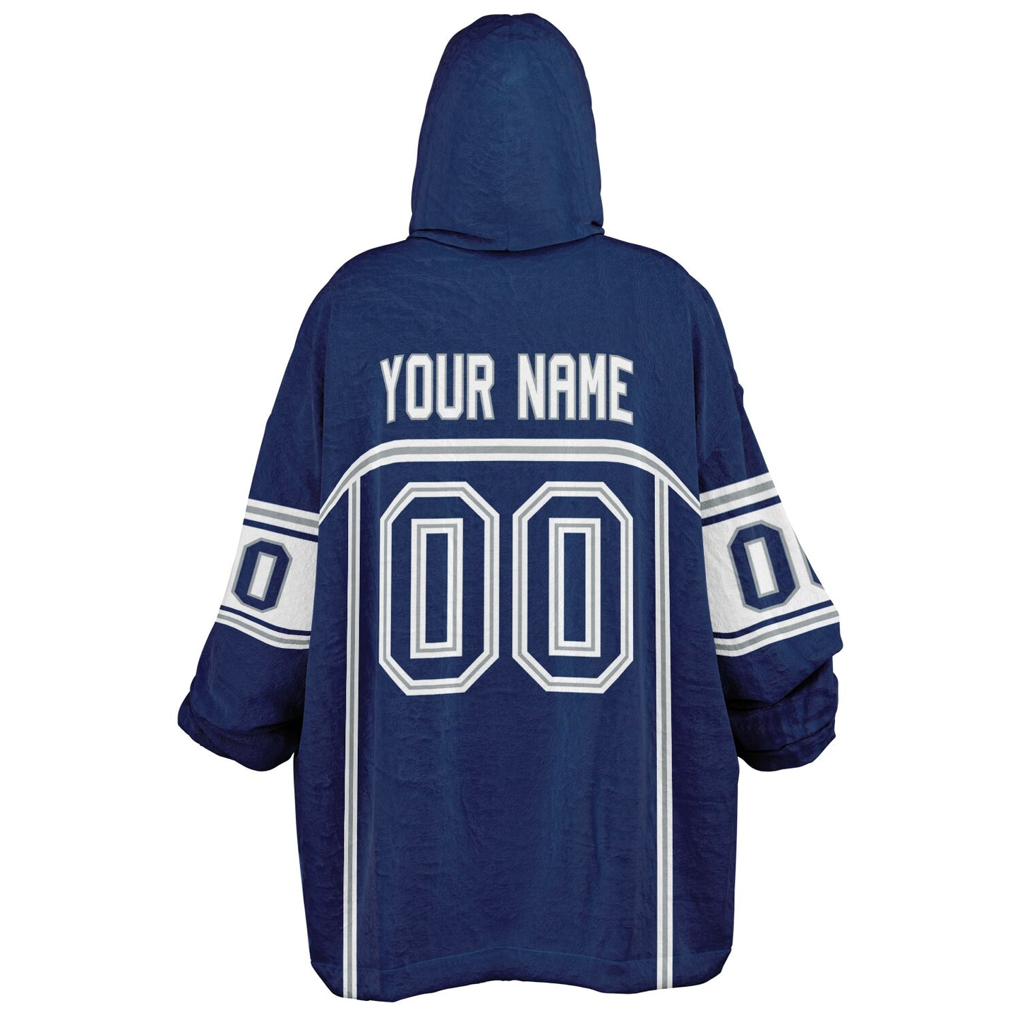 Blue, white, and gray lineup snug hoodie with clean line work and subtle jersey influence.