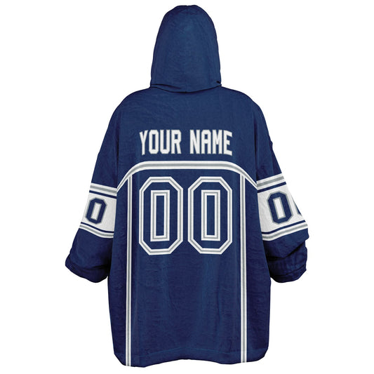 Blue, white, and gray lineup snug hoodie with clean line work and subtle jersey influence.