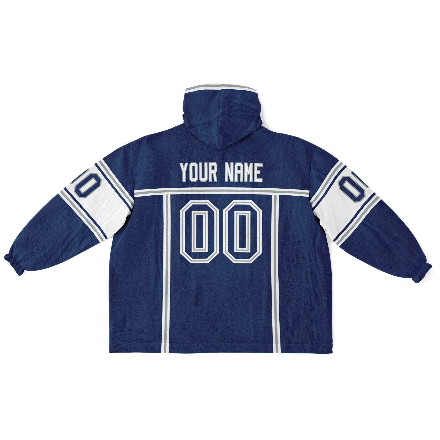 Blue, white, and gray lineup snug hoodie with clean line work and subtle jersey influence.