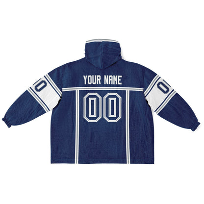 Blue, white, and gray lineup snug hoodie with clean line work and subtle jersey influence.