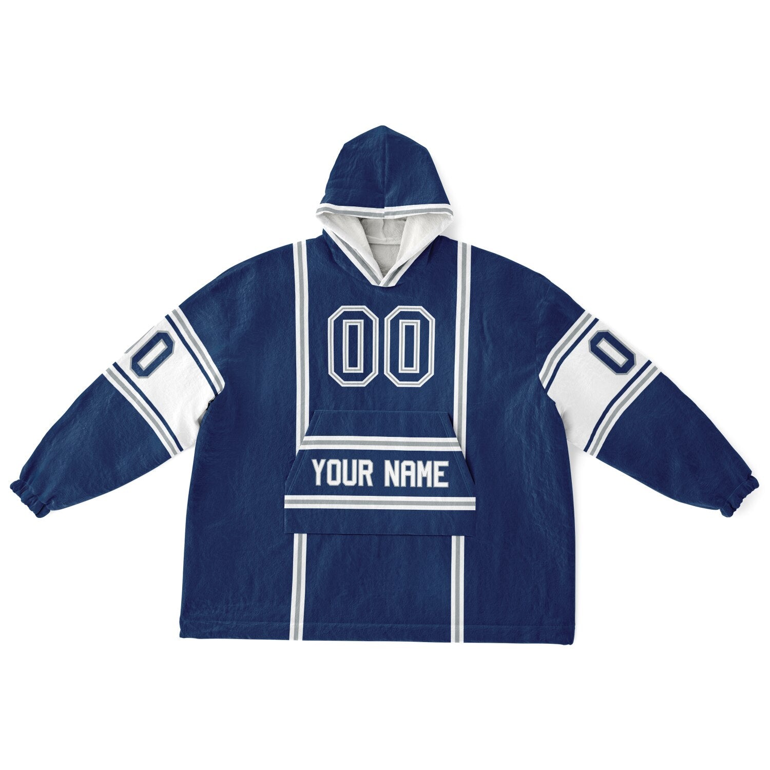 Blue, white, and gray lineup snug hoodie with clean line work and subtle jersey influence.