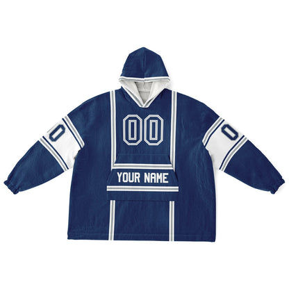 Blue, white, and gray lineup snug hoodie with clean line work and subtle jersey influence.