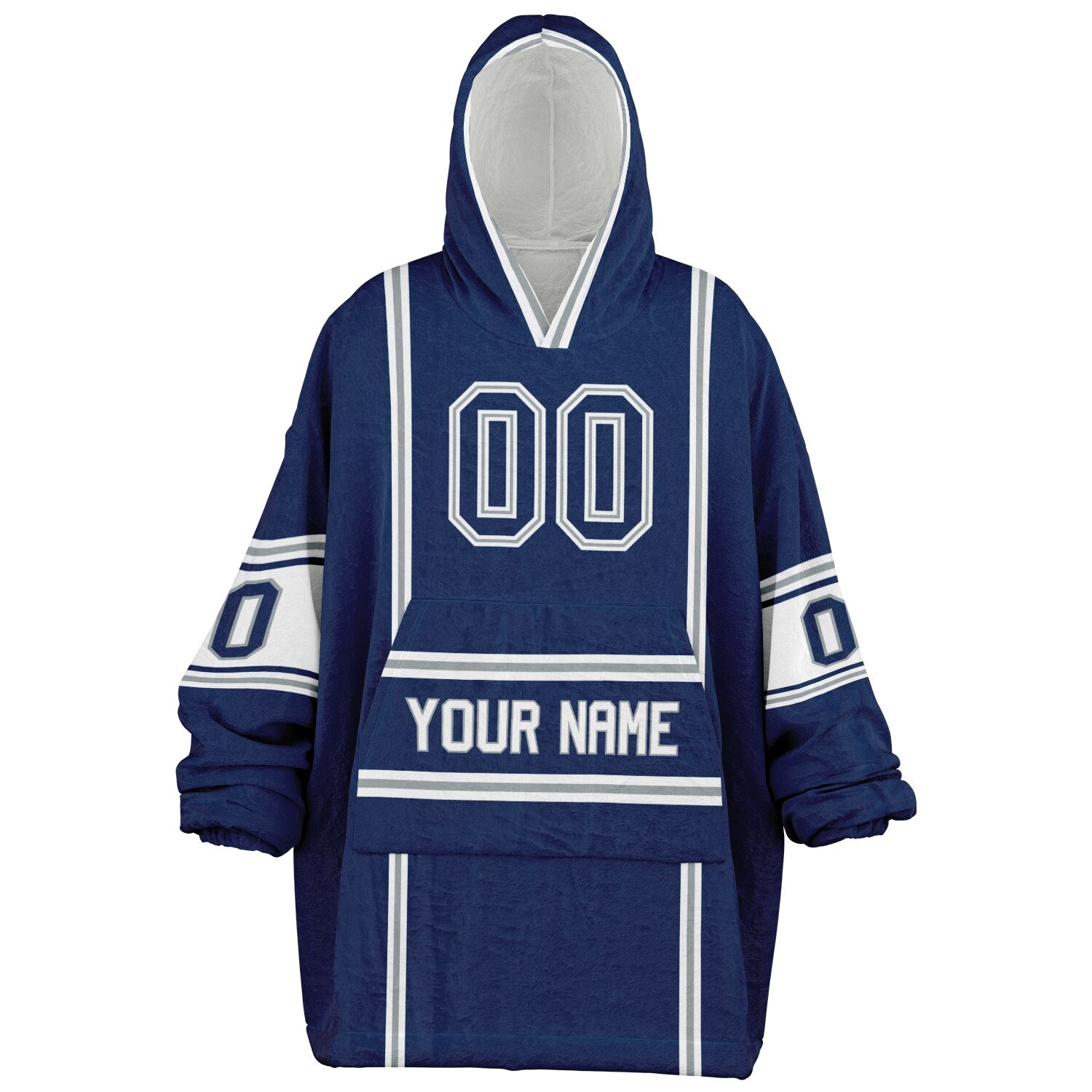 Blue, white, and gray lineup snug hoodie with clean line work and subtle jersey influence.