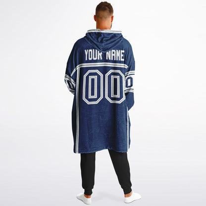 Blue, white, and gray lineup snug hoodie with clean line work and subtle jersey influence.