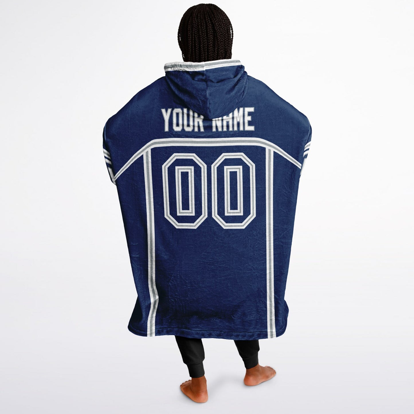 Blue, white, and gray lineup snug hoodie with clean line work and subtle jersey influence.