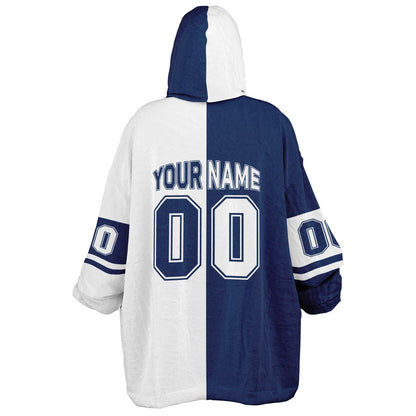 Blue and white halftime snug hoodie featuring a symmetrical split design for a dynamic game-day look.