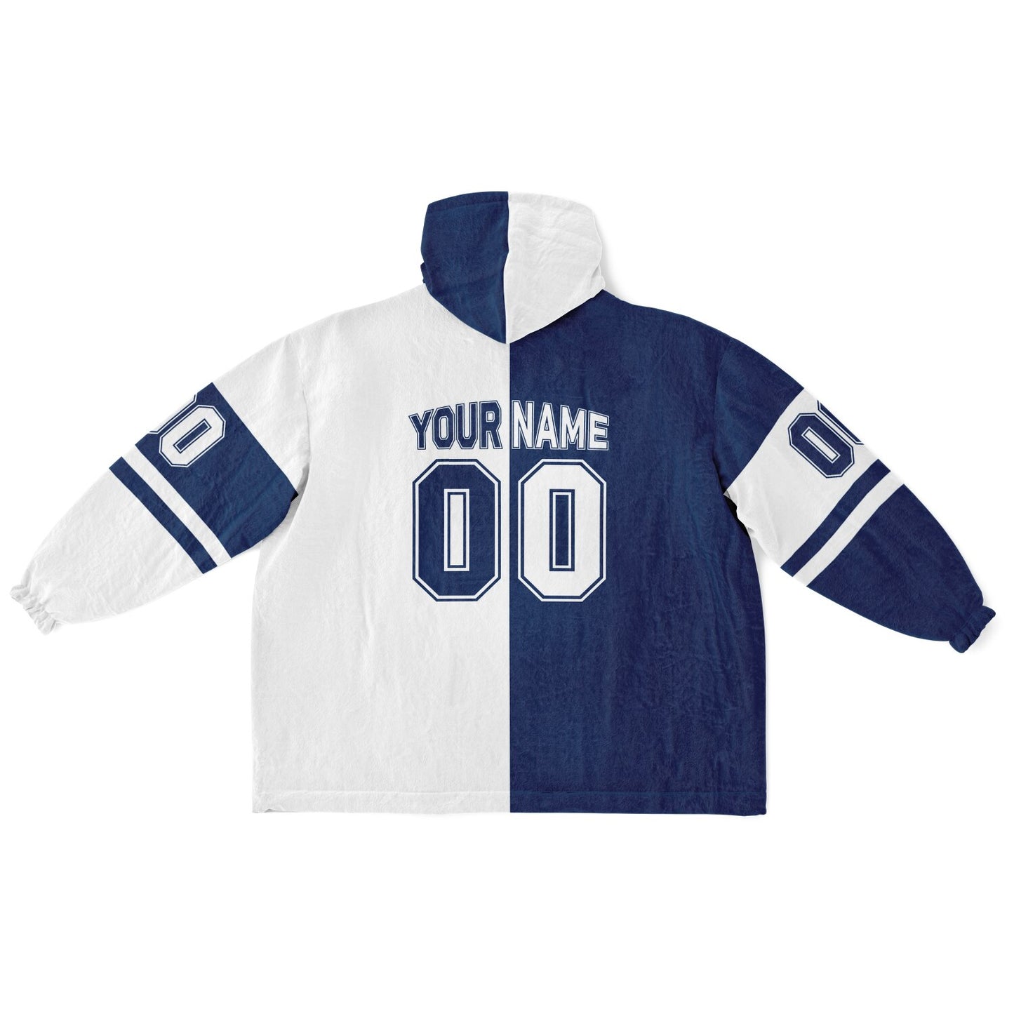 Blue and white halftime snug hoodie featuring a symmetrical split design for a dynamic game-day look.