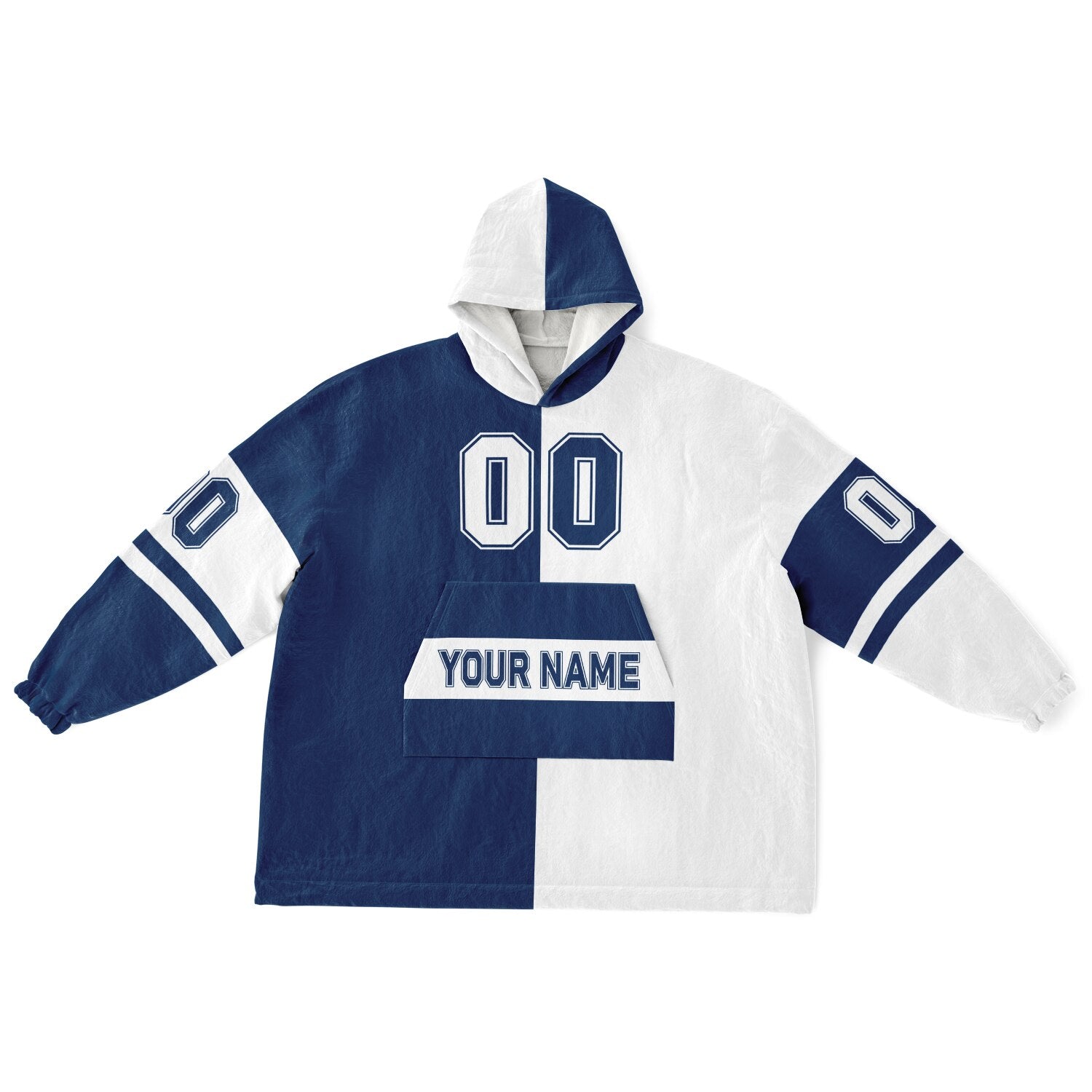 Blue and white halftime snug hoodie featuring a symmetrical split design for a dynamic game-day look.
