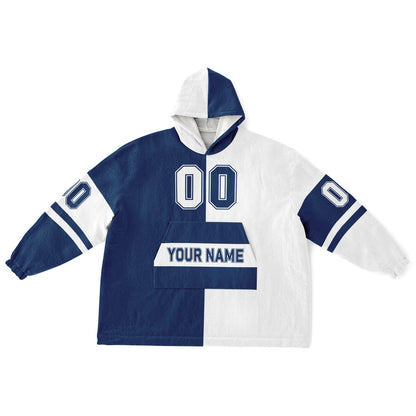 Blue and white halftime snug hoodie featuring a symmetrical split design for a dynamic game-day look.