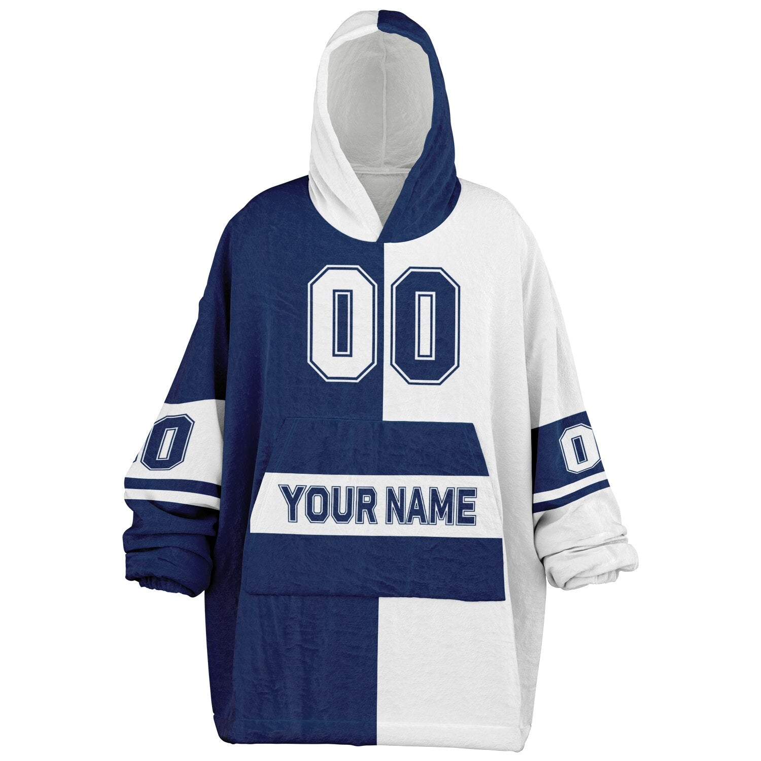 Blue and white halftime snug hoodie featuring a symmetrical split design for a dynamic game-day look.