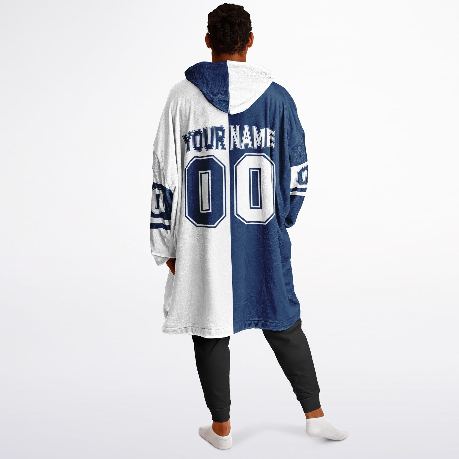 Blue and white halftime snug hoodie featuring a symmetrical split design for a dynamic game-day look.