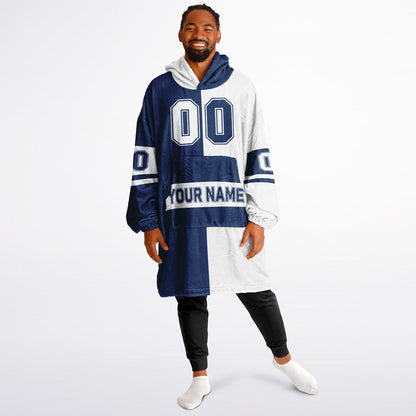 Blue and white halftime snug hoodie featuring a symmetrical split design for a dynamic game-day look.