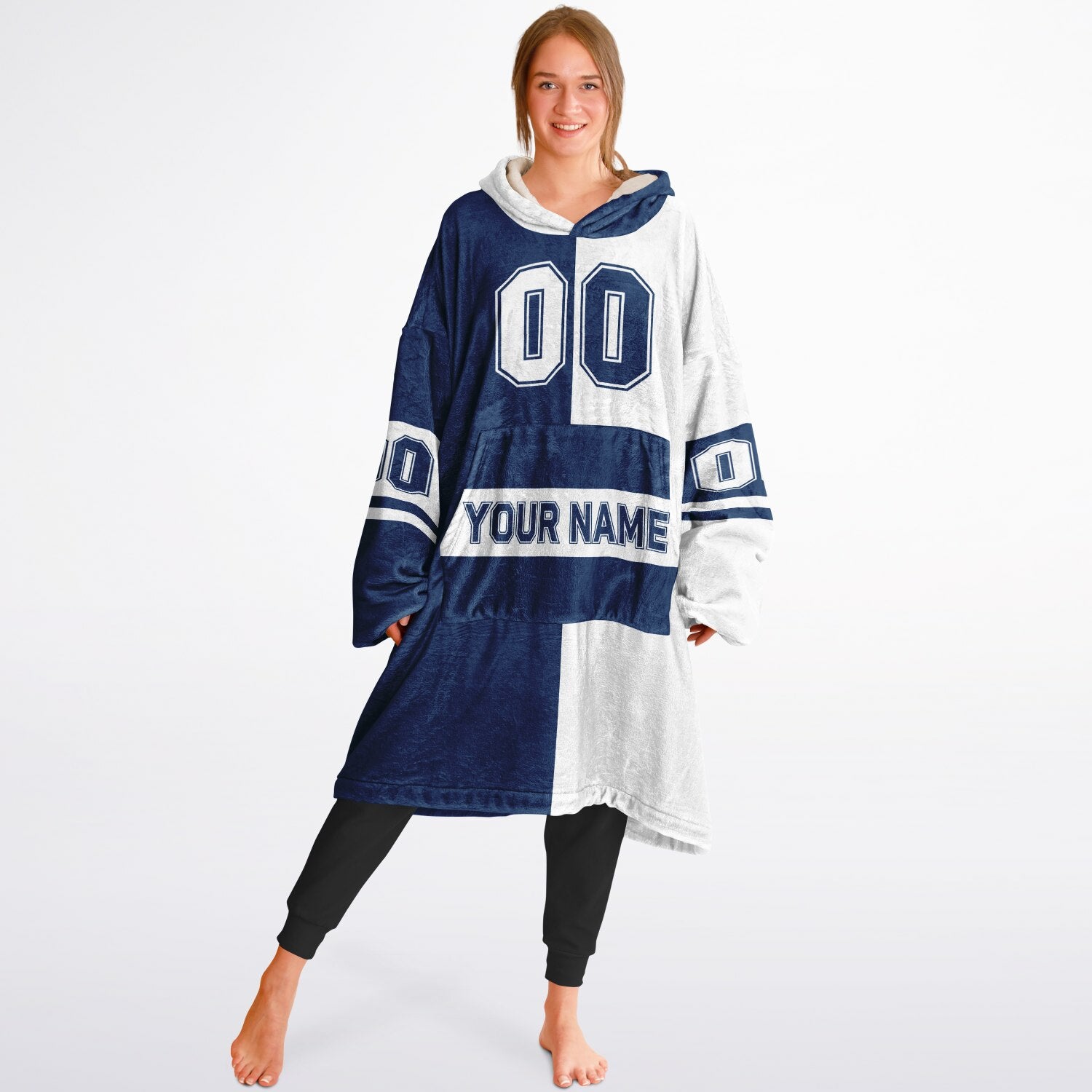 Blue and white halftime snug hoodie featuring a symmetrical split design for a dynamic game-day look.