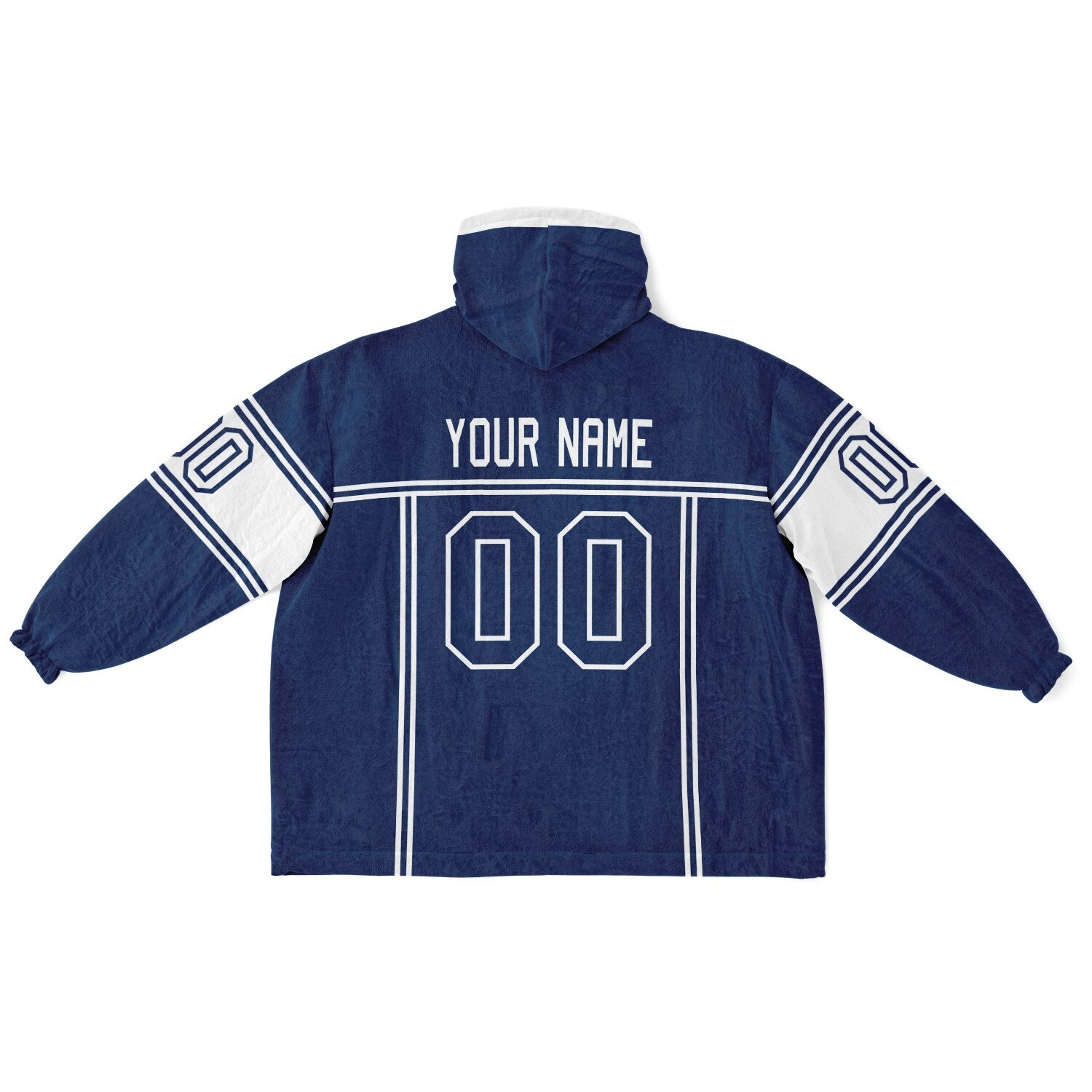 Blue and white lineup snug hoodie featuring sleek line-art details and minimalist team-inspired design.