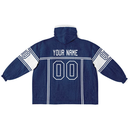 Blue and white lineup snug hoodie featuring sleek line-art details and minimalist team-inspired design.