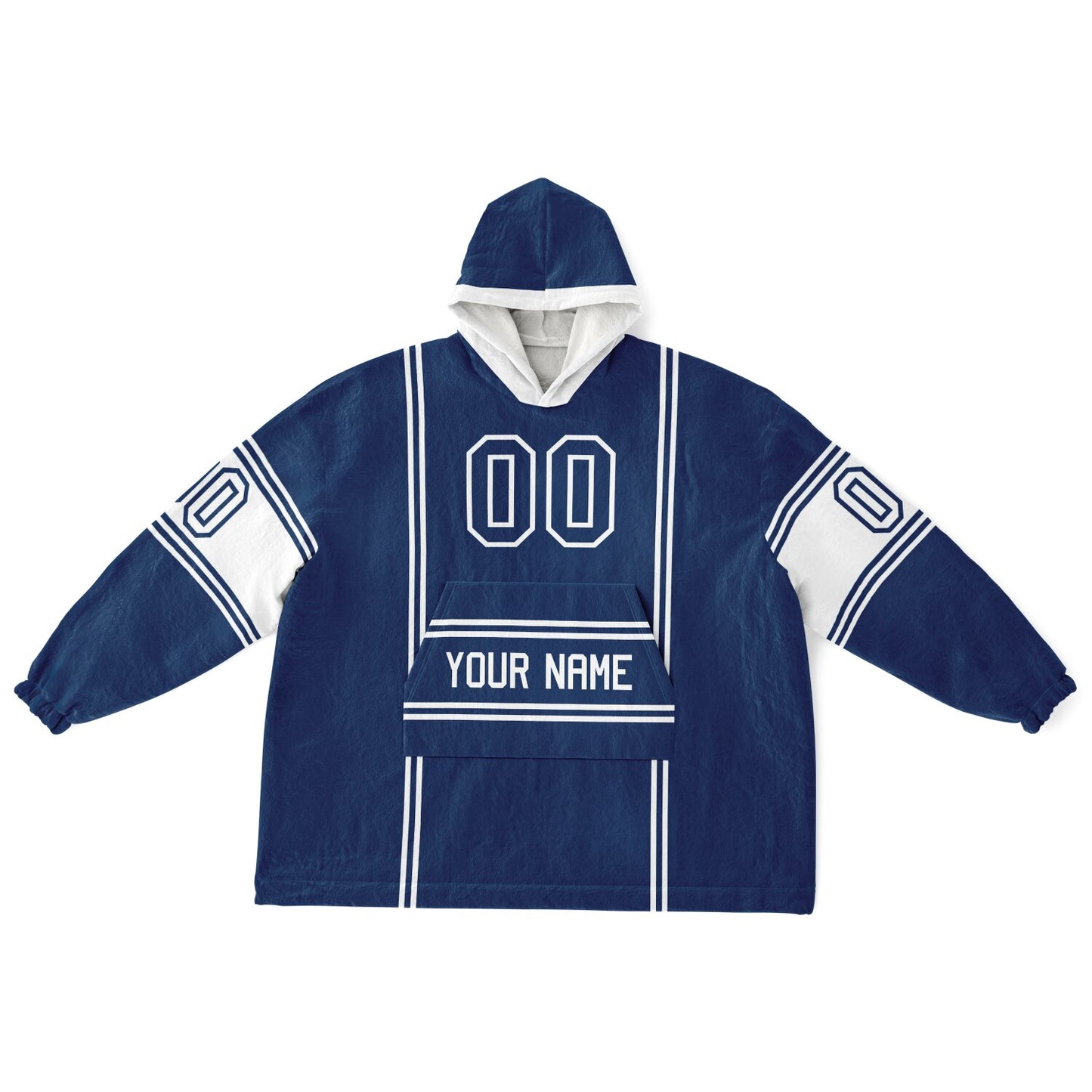 Blue and white lineup snug hoodie featuring sleek line-art details and minimalist team-inspired design.