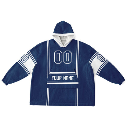 Blue and white lineup snug hoodie featuring sleek line-art details and minimalist team-inspired design.